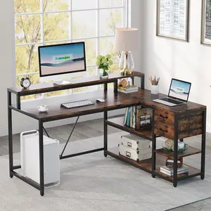 Tribesigns Reversible L Shaped Desk with Drawer, Storage Shelves, and Monitor Stand, Rustic Corner Desk Home Office Table for Small Space