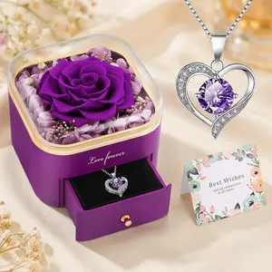 【Real Rose Box】DEEMEI Eternal Rosa Preserved Forever Pendant with Necklace Best Gift for Mom Wife GirlFriend Sister Her in Anniversary Mother's Day