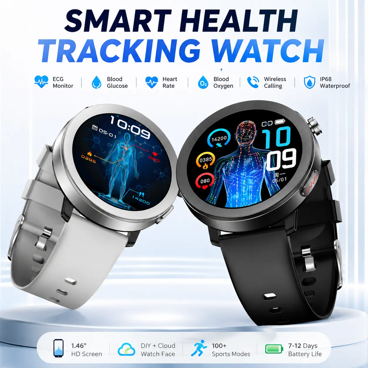 Round Metal Smart Health Watch with ECG Readout, Bluetooth Wireless Calling, 1.46" HD Display, IP68 Waterproof Fitness Tracker for Android iOS - Tracks Blood Sugar Trend, Blood Pressure, SpO2, HRV, Body Fat, BMI