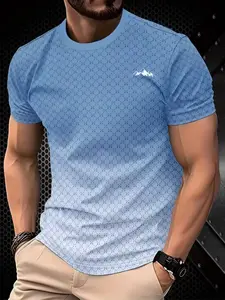 Men's Galaxy Print T-Shirt, Casual Round Neck, Short Sleeve, Breathable Summer Top, Mountain Logo, Modern Leisure Style, Fitted Long Tee