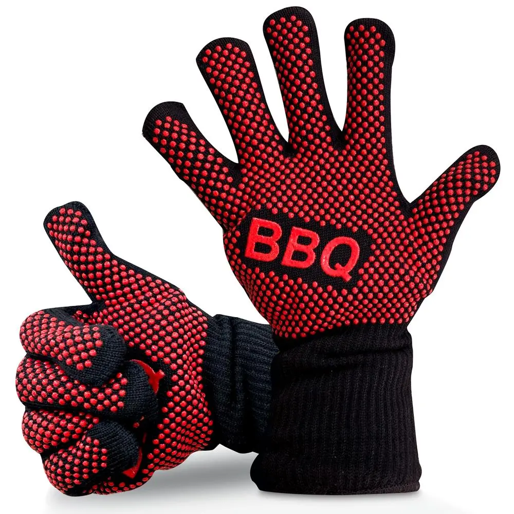 2-Pack BBQ Heat Resistant Gloves | 14" Silicone Grip Non-Slip Mitts with Cotton Lining, Up to 800°C (1472°F) & Hook for Hanging – For Smoker, Grill & Kitchen Use