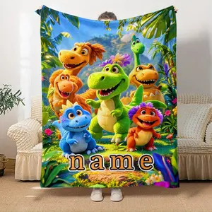 Custom Name Personalized Flannel Blanket, 1 Piece Cartoon Dinosaur HD Print, Lightweight Fleece Throw Blanket, Suitable for Sofa, Bed, Travel, Living Room, Office, Sofa and Bed - Digital Print, Soft and Warm Fabric, Perfect Gift for Family or Friends