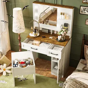 Farmhouse Makeup Vanity Desk with Mirror and Lights, 3 Lighting Modes, Vanity Set with Stool, Dressing Table with Adjustable Shelves,2 Drawers and Side Cabinet for Bedroom, White little girl big  table vanity  dreams vanety  beauty