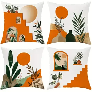 Bohemian Tropical Plant Pillow Covers, 4-Piece Set, Invisible Zipper, Easy to Clean, for Bedroom, Living Room, Sofa, Car, Home Decor