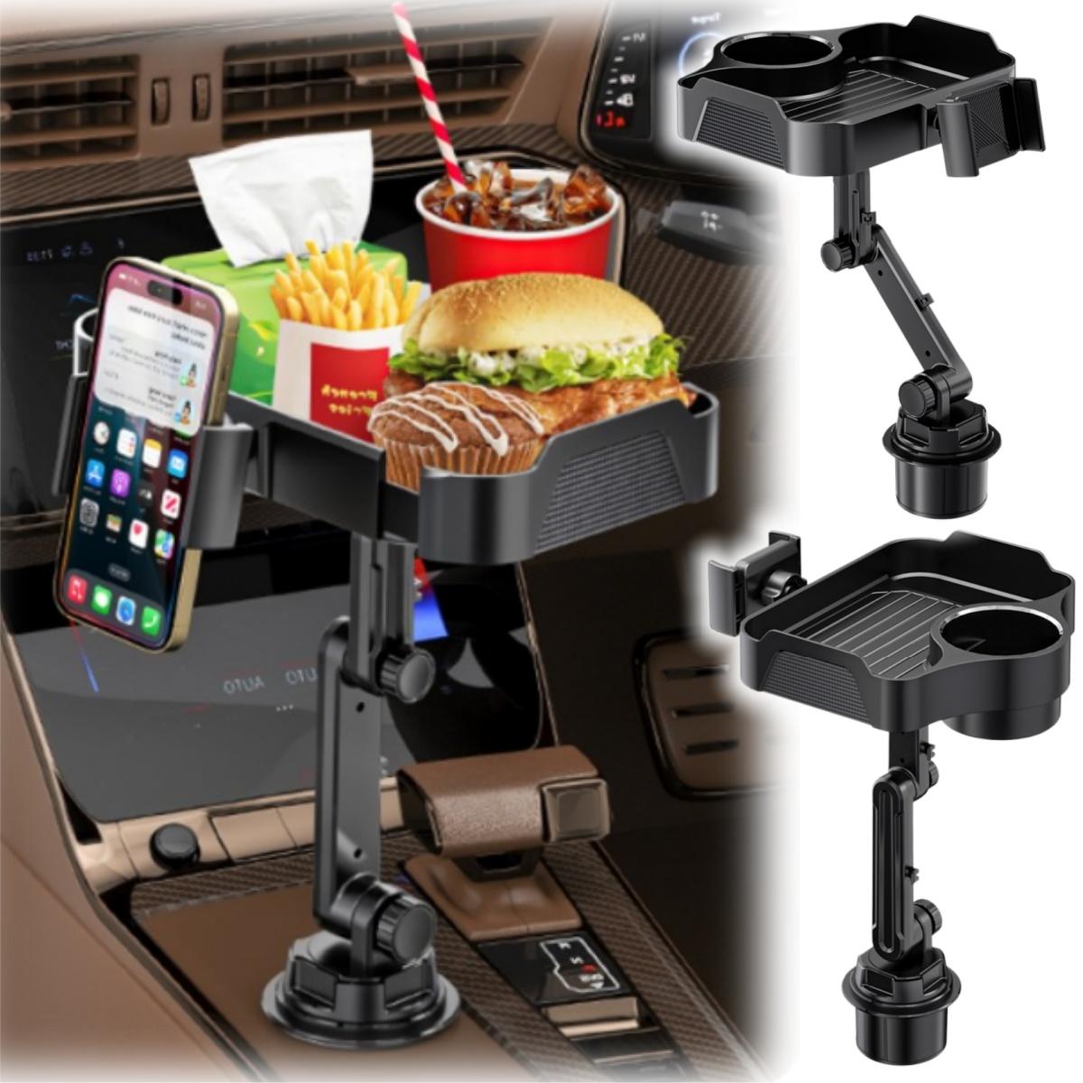 4 in 1 Car Cup Holder Expander Tray with Phone Holder, 360° Rotating Large Car Food Tray, Car Console Organizer for Drink Snack Phone, Universal for Car SUV Truck Van Pickup