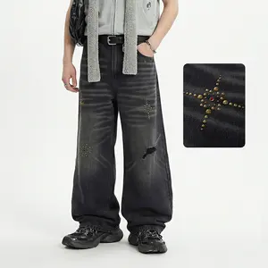Inflation Star Studded Baggy Black Jeans Men Vintage Washed Distressed Wide Leg Streetwear Pants fathersdaygift