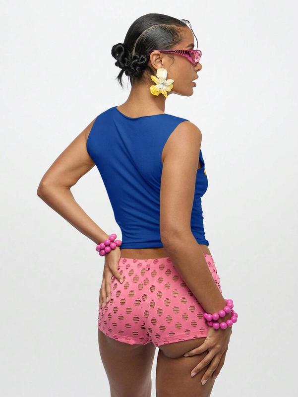 WOMEN Notch Neck Form Fitting Tank Top With Gold Lettering Crop Length Summer Festival Club Party Evening Casual Fashion Design Front Cut Out Sleeveless