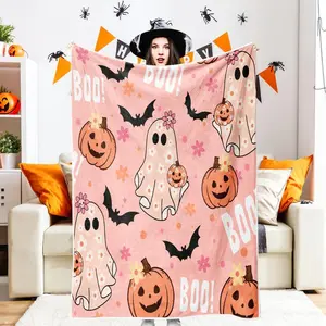Pink Halloween Throw Blanket, Cute Spooky Ghost Pumpkin Bat Cozy Soft Blanket, Funny Pink Halloween Boo Flannel Baby Throw and Blankets Couch Sofa Bed Decor 50X60IN