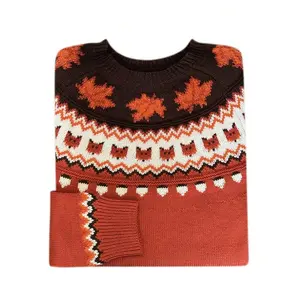 Women's Coral Orange Long Sleeve Knitwear Sweater with Autumn Maple Leaf Fox Halloween Pattern for Casual Wear Regular Fit Loose Style