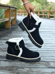 Women's Winter Warm Chelsea Boots, Mid-Calf Patchwork Design, Textile Upper & Rubber Sole, Casual Style for Daily Wear