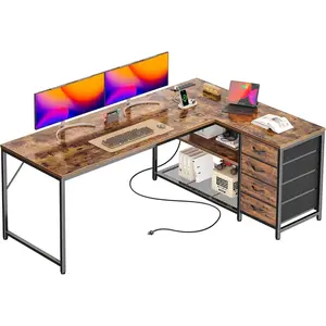 61" L Shaped Desk with Power Outlets and USB-C Port, Reversible  Corner Office Desk with 4 Fabric Drawers and 2 Height-Adjustable Shelves, Large for Gaming Writing Study, Rustic Brown