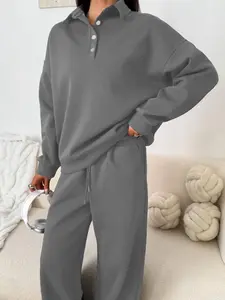 Women's Hooded Sweatshirt Set, Long Sleeve, Long Pants, Button & Collar Design, Casual Fashion, Spring & Fall, Slim-Fitting, Plain Pattern, Fitted