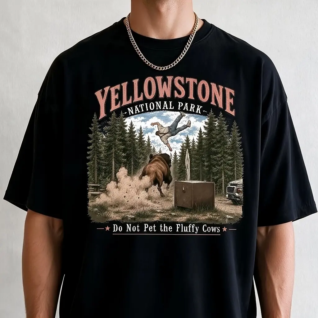 Unisex Cotton Short-Sleeve Sports T-Shirt - "Do Not Pet The Fluffy Cows" Graphic Top, Yellowstone National Park Summer Vacation Tee, Matching Camp Wear (Sports & Outdoor Clothing)