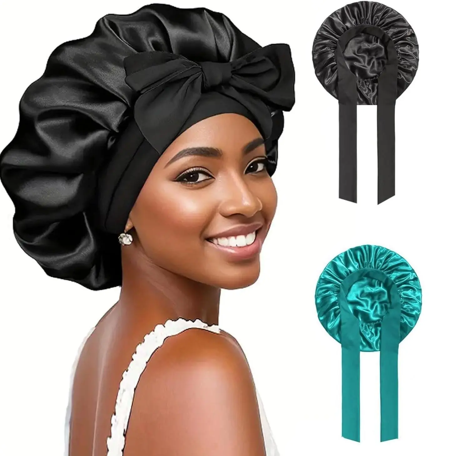 Women Luxury Satin Bonnet with Tie Band, Adjustable Hair Bonnet for Sleeping, Anti-Frizz Curly Hair Wrap Cap, Reusable Machine Washable Night Hair Protection Head Scarf