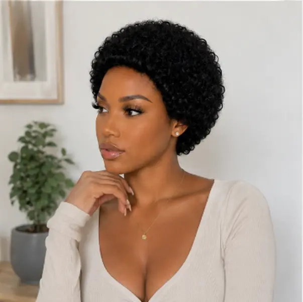 $9.9 Black Women's Glueless Brazilian Kinky Short Curly Human Hair Full Machine Wig, Wear-and-Go Mullet Burmese Upgrade Part, Brown Silky Daily-Use Piece | Upgrade  u part wig |   curly  style