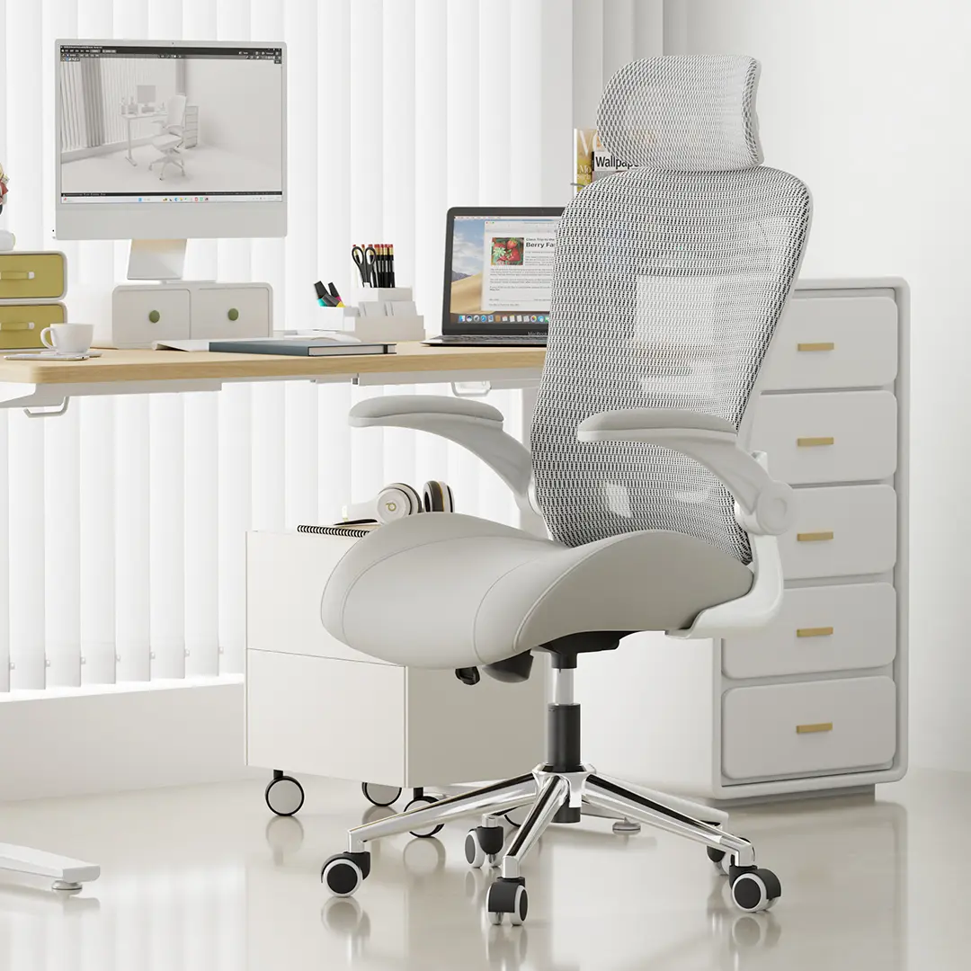 Votrenix Comfy Desk Chair - Premium Thick Leather Curved Seat, Breathable Mesh Back, 3D Headrest, Adjustable Lumbar Support, Computer Task Chair with Wheels for Home Office, Gaming, Comfy Desk Chairs