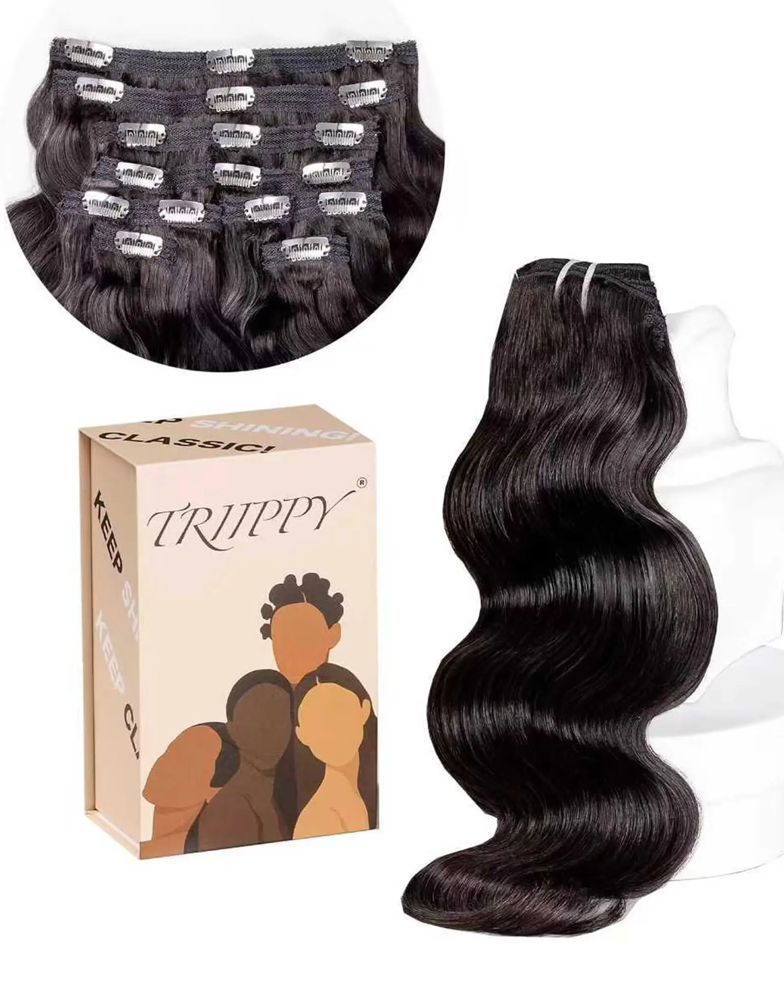 TRIIPPY Raw Cambodian Hair Clip in Hair Extensions,Triple Lifespan than Regular Virgin Hair,Keep Texture And Smooth after Long Time Used,100% Raw Hair Body Wave 8-pcs 120g Nature Black