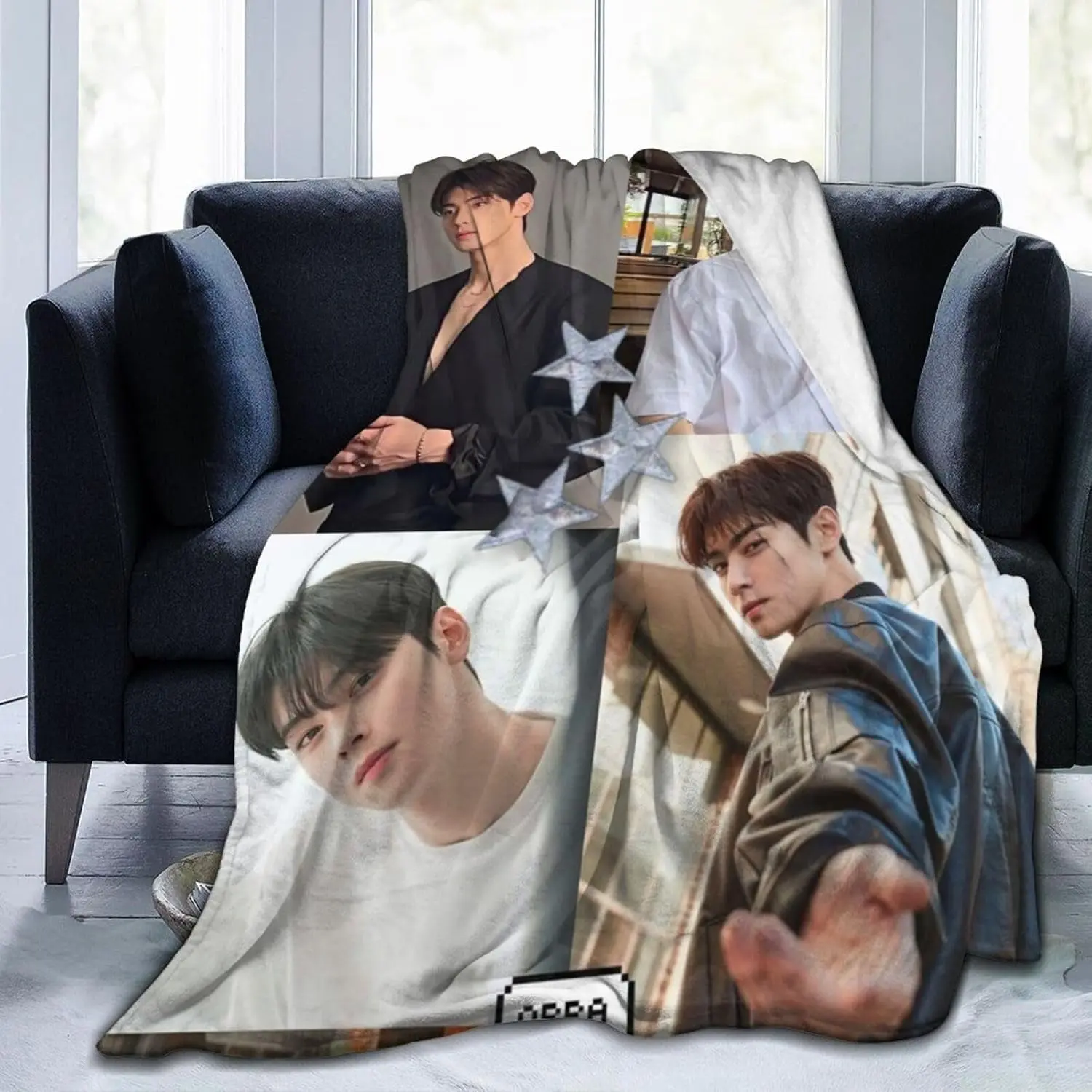 This flannel blanket features a print of idol singer Cha Eun-woo. It's soft, comfortable, and durable, making it perfect for home use or camping trips