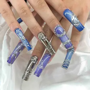 Nailchemy - Handmade Chrome Blue Ombre Press On Nails | Silver Wire Abstract 3D Art | Coffin Gradient Nails For Y2K Fashion Statement
