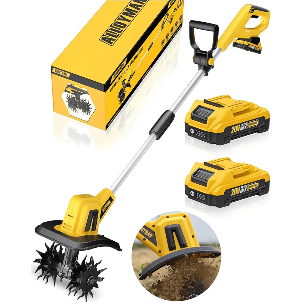 Alloyman 20V Cordless Tiller Cultivator, 360RPM Electric Garden Tiller, with 2 * 2.0Ah Batteries & Charger, 9In Tilling Width and 6.6In Depth Garden R