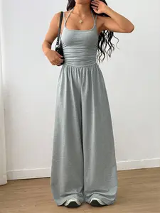 Women's Summer Casual Wrap Vest Jumpsuit, Pure Color Sleeveless Design, Loose Fit Wide Leg Pants, Comfortable All-Day Wear, Solid, Minimalist