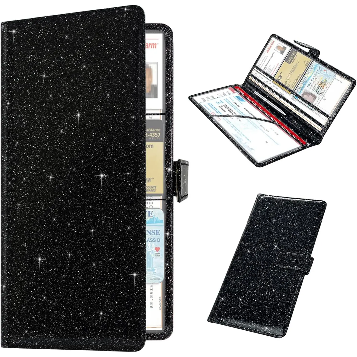 Registration and  Holder,  Glove Box Organizer Cool  Accessories, Auto  Document Holder for Cards, Driver License, Black Glitter