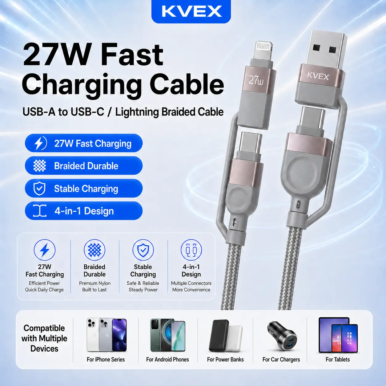 KVEX Thor Series 4-in-1 Braided Charging Cable 60W, USB-A/USB-C to USB-C/Lightning Multi Connector Cable, 1M Grey Durable Magnetic