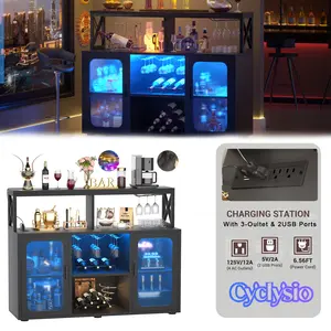 Cyclysio Bar Cabinet with Power Outlets, Liquor Cabinet with Led Lights and Glass Holder, Storage Buffet Coffee Bar for Liquor, Wine Cabinet Utensils