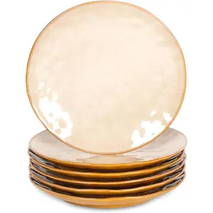 Ceramic Dinner Plates Set, 10.5 Inch, Set of 6, Round, Microwave, Oven, Dishwasher Safe, Porcelain Fluted Suitable for Steak, Pasta, Pizza, , Party, Restaurant (Beige)