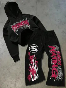 Men's Hoodie Set with Fascinating Text & Spider Web Decor, Casual Pants with Flame & S Logo, Halloween Style, Fall & Winter