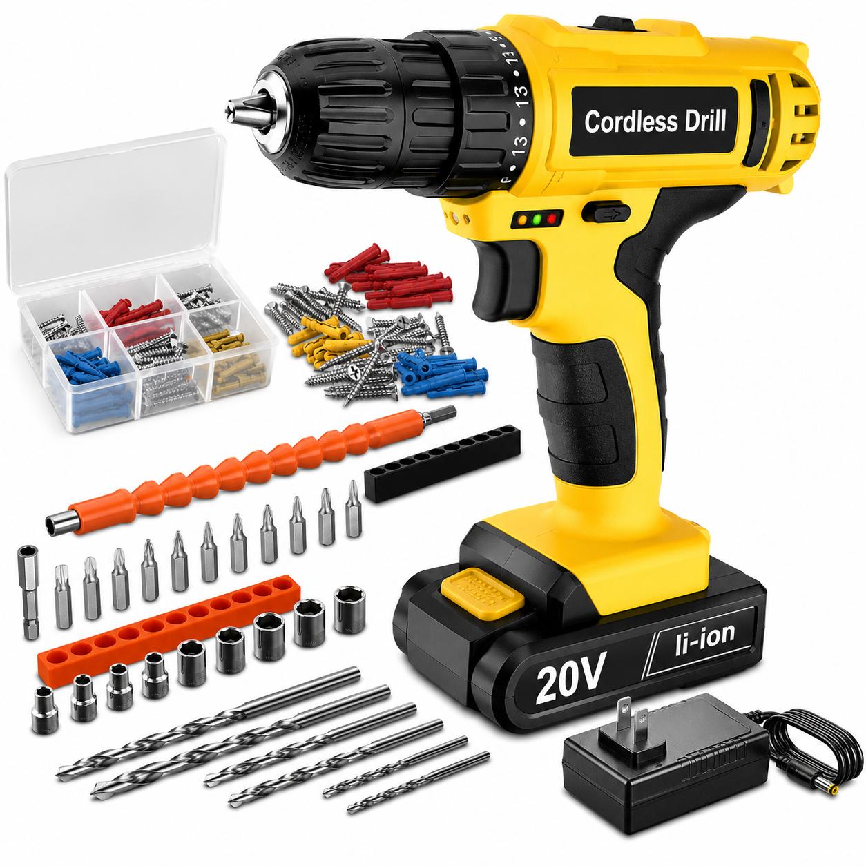 Cordless High-Torque Impact Drill  20V Cordless Drill Set 136PCS Tool Kit with 2 Batteries, Drill Bits, Screwdriver Set & Storage Case for Home DIY Repair Compact