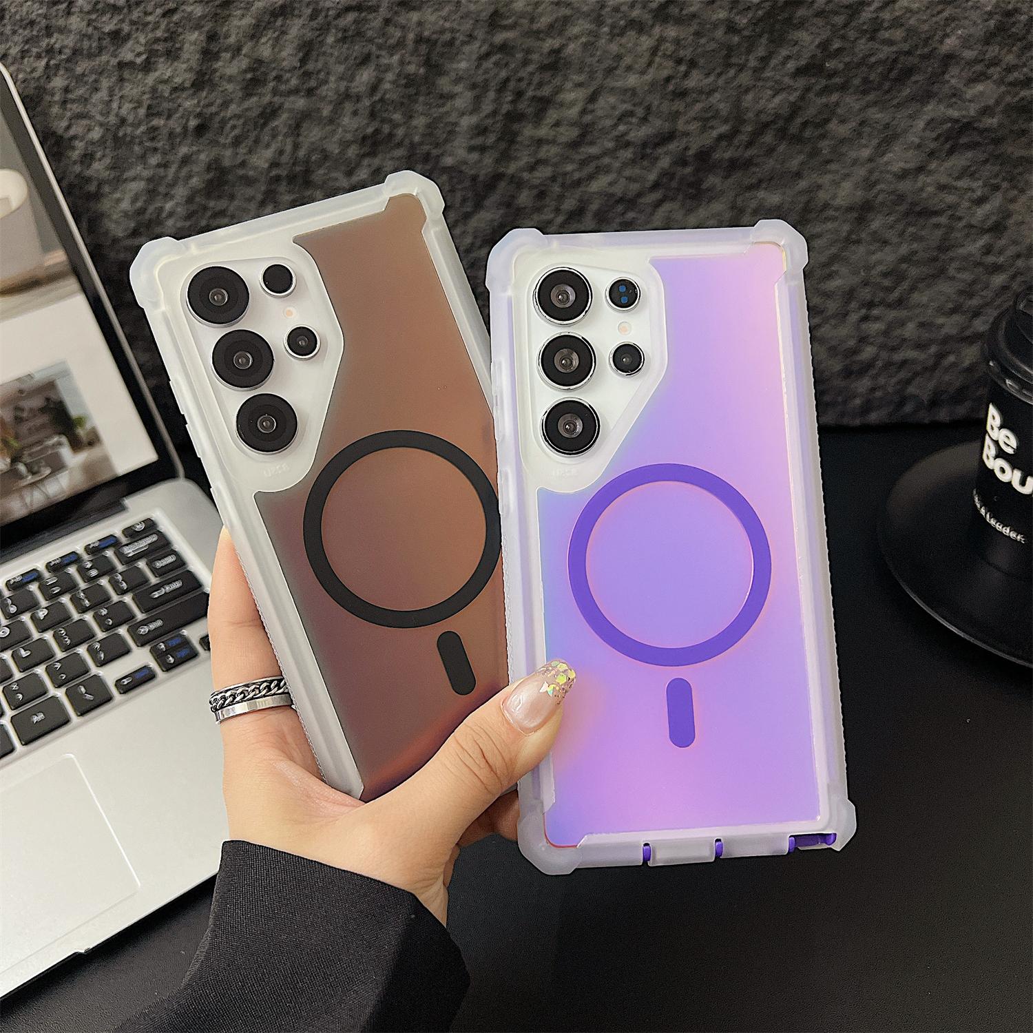 Shockproof Magnetic Double Laser Case for Samsung Galaxy S26 Ultra S25 S24 S23 S22 Plus Wireless Charge Layer Armor Protective Cover, Iridescent Back, Shockproof Cover, Crystal and Corner High-Duty Protection for Girls Women