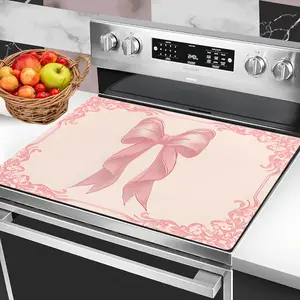 1pc 2D Flat Stove Cover Protector, Spring, Elegant Pink Bow with Floral Border Design for Stove Cover Protector, Easy to Clean for Kitchen, Washing Machine, Dryer, Stovetop Panel Protector