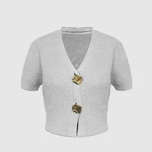URBAN REVIVO Women's Chic Cropped Knit Cardigan Top - V-Neck Shortsleeve, Chunky Metal Buttons, Soft Fabric, Casual Basic Everyday Tops for Skater Outfits