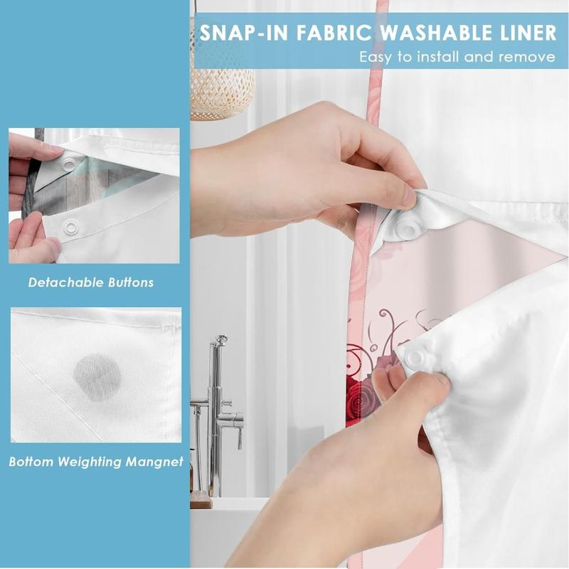 1pc hookless shower curtain with buckle lining, spring pink rose vine design, 2D flat printing, fabric waterproof lining, see-through double-layer shower curtain, 71 x 74 inches, modern home draping curtain, Shower Curtain Liner