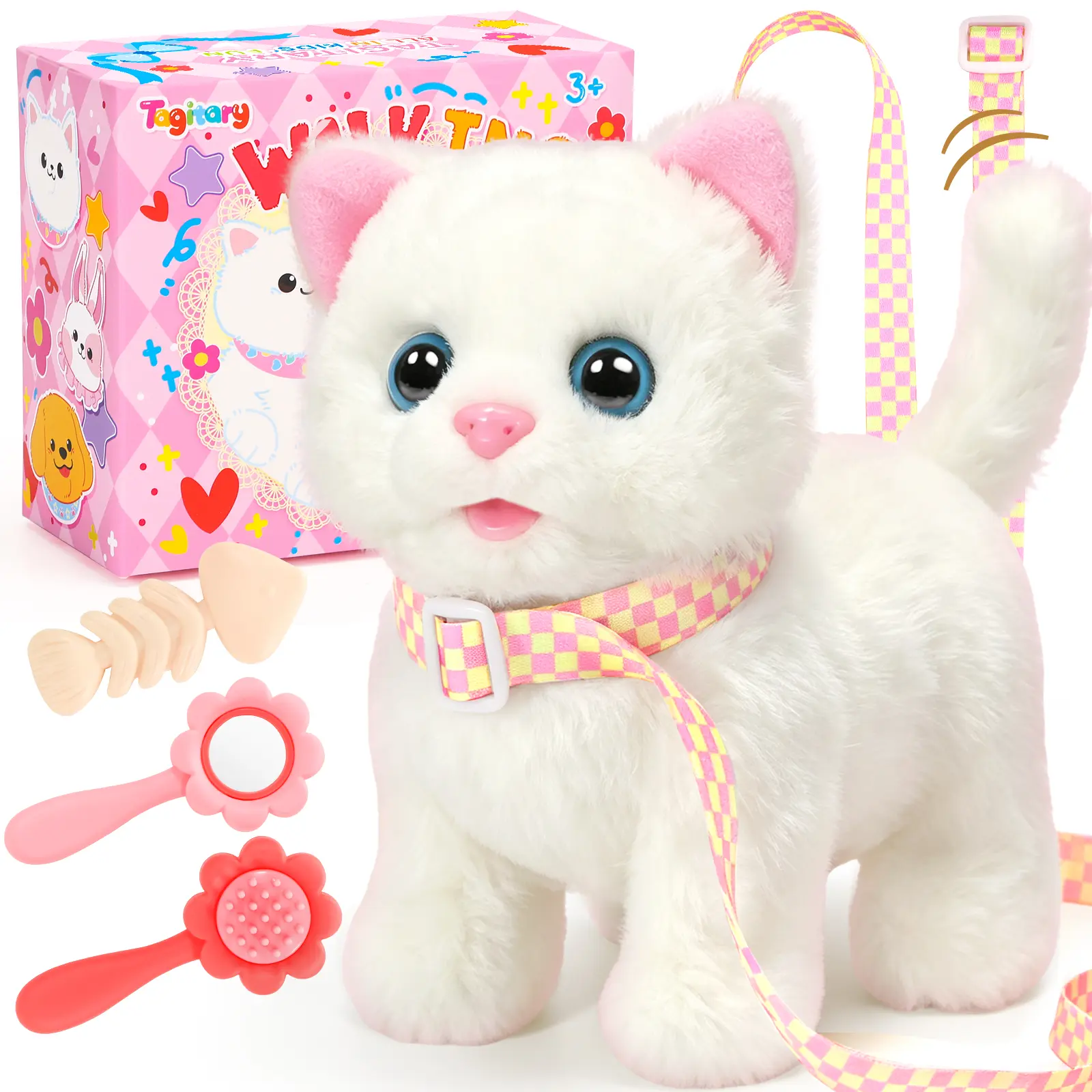 Summerwins Realistic Plush Robotic Stuffed Toy Cat - Walks, Meows, Wags Tail, Interactive Play, Leash-Included, Soft Fabric, Gentle Hugs, Unisex Kids Toys for Development, Christmas Gift Collectible (Batteries Required)