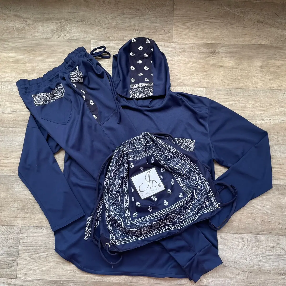 JD Fashion Men Custom Navy Blue Bandanna Trim Tank Shirt Hoodie & Jogger Pant Set Casual Menswear