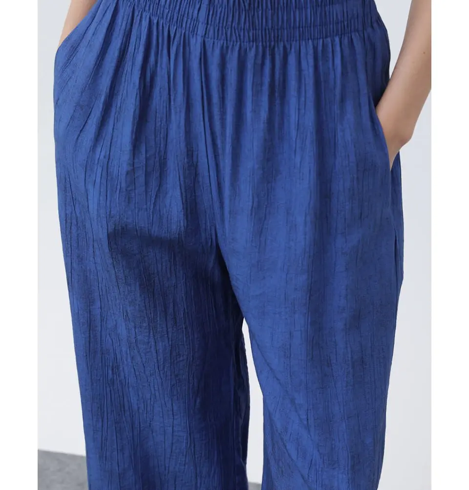 Muslim Women's Crinkle High-Waist Relaxed Pants - 18238 Royal Blue