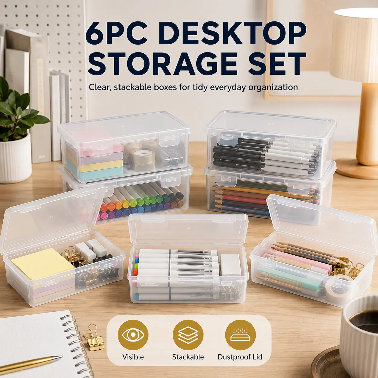 4/6pcs Large Clear Storage Boxes with Lids, Containers with lids, Lightweight, for Office and School Supplies Organizer, with Pens, Pencils, Markers, Crafts