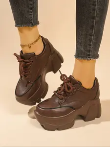 New Cool Thick Sole Lace-Up Platform Shoes, Women's Height Increasing Casual Sports Sneakers, Stylish Low Top Footwear for Everyday Wear, Thick Soled Sneakers