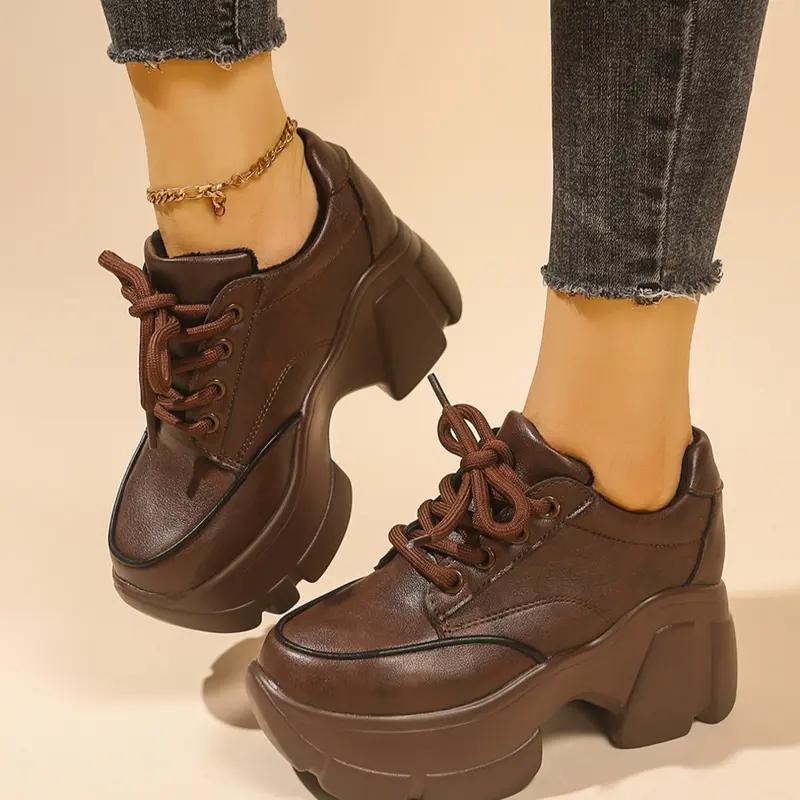 New Cool Thick Sole Lace-Up Platform Shoes, Women's Height Increasing Casual Sports PU Leather Sneakers, Stylish Low Top Footwear for Everyday Wear, Platform Casual Trainers, Thick Soled Sneakers, Height Boost Sneakers
