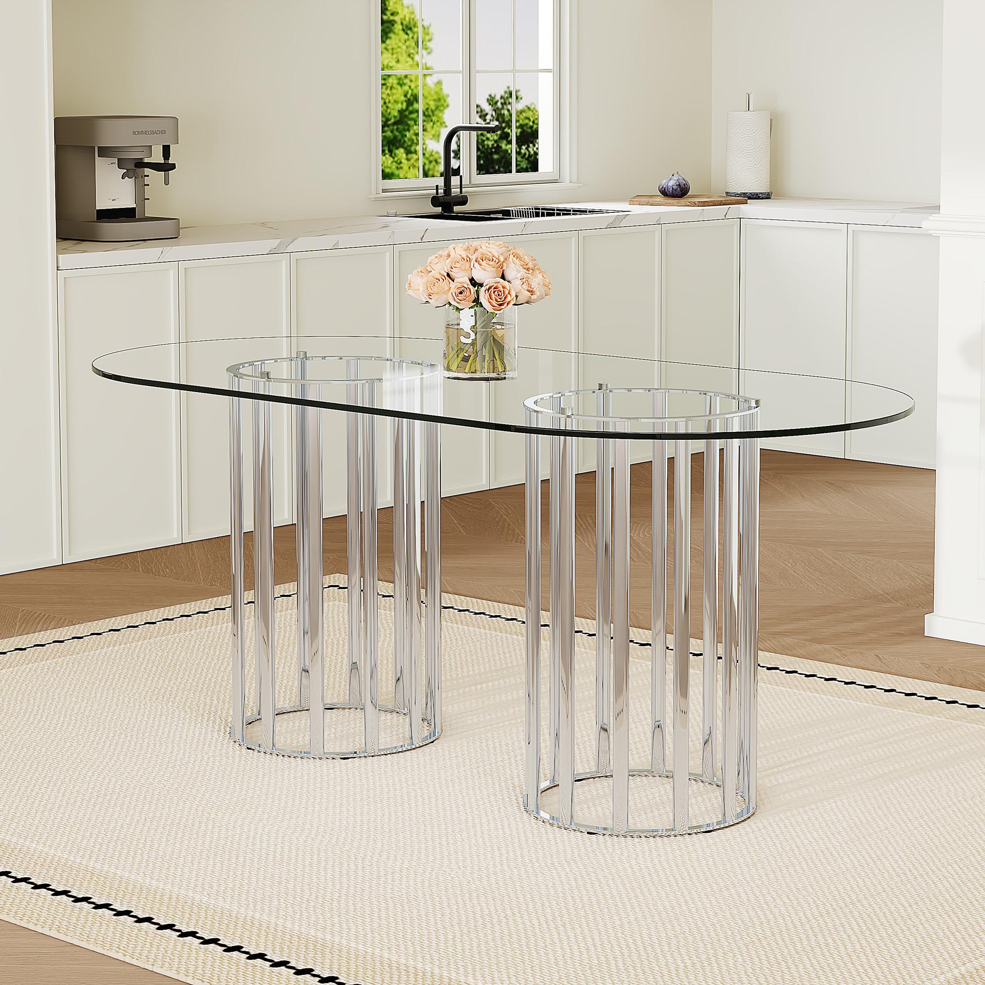 71 Inch Oval Tempered Glass Dining Table, Modern Light Luxury Gold Double Pedestal Kitchen Dining Table, Scratch Resistant Easy Clean Glass Top, Seats 6-8 for Dining Room Restaurant