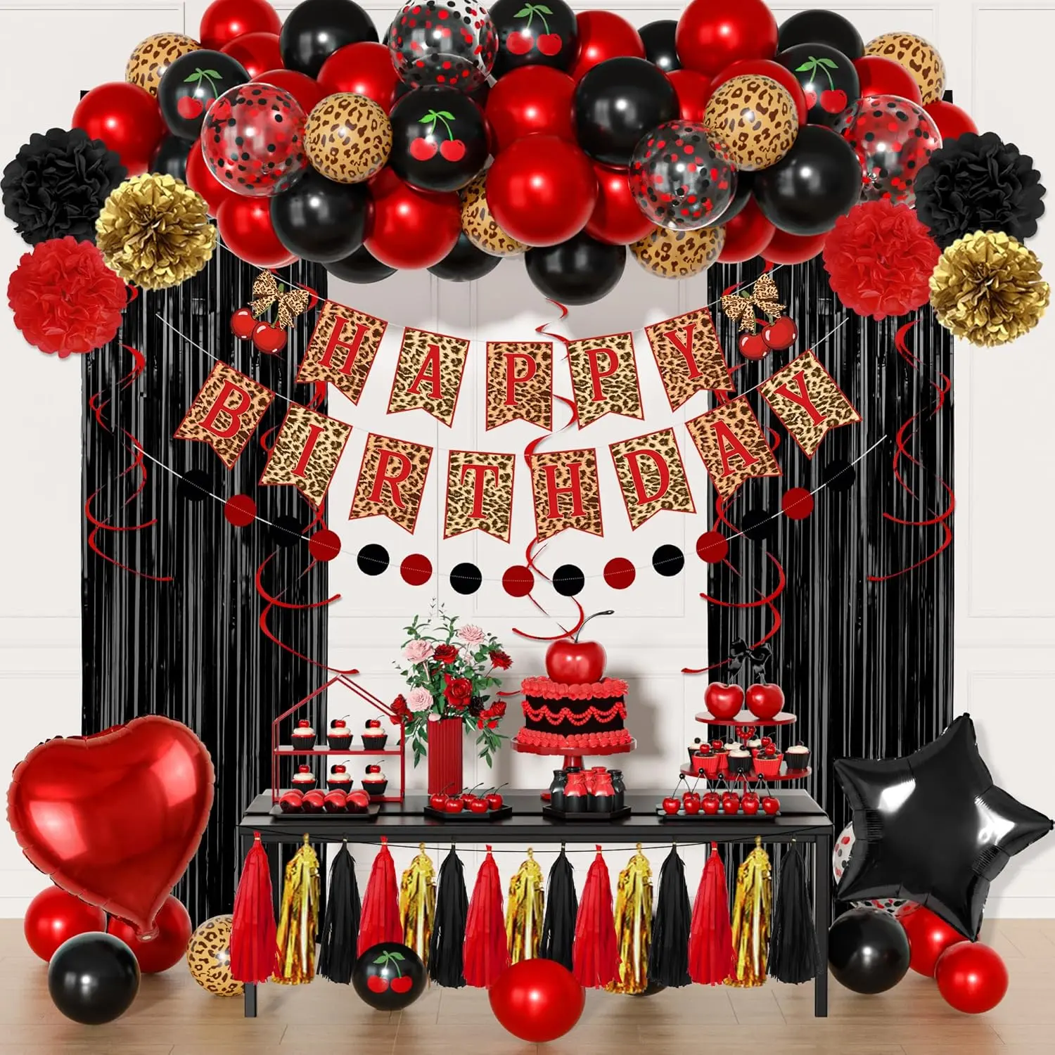 Red and Black Cheetah Birthday Party Decorations, Black Red Cherry Leopard Print Balloons Happy Birthday Banner Fringe Curtain Hanging Swirls Circle Dots Tassels Pompoms for Women Girls Party Supplies