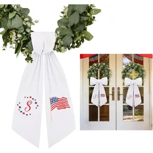 2 Pcs S Size Patriotic Embroidery Wreath Sash Stars and Stripes Monogram Ribbon Sash for 4th of July Front Door Indoor Outdoor Yard Doorway Decor