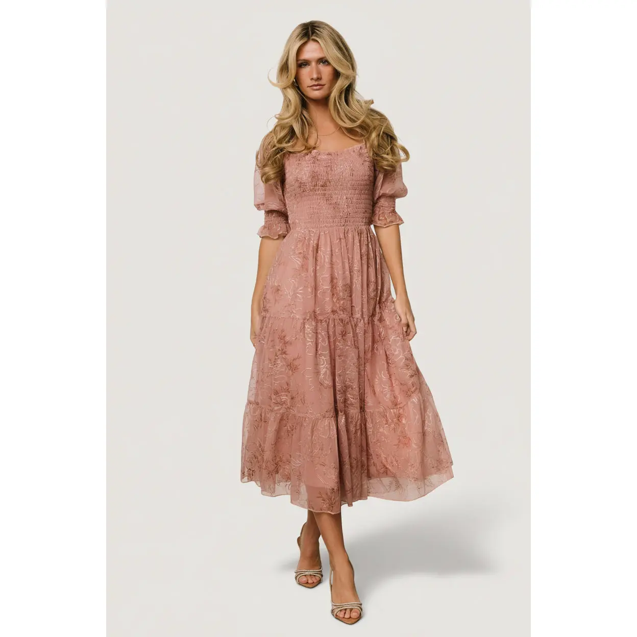 Women's Fabian Jacquard Tiered Midi Dress - Mauve + Gold Elastic Fabric, Evening & Anniversary Casual Wear, Womens Dresses with Skirt Design