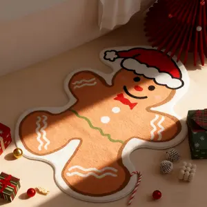 Christmas Decoration Rug with Gingerbread Man Design, Soft Plush Bath Mat, Holiday Home Decor, Suitable for Bathroom Doorway Kitchen Hallway Entrance