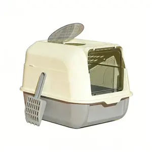 Elegant Gray Oversized Cat Litter Box Double Door Cream Style Anti-Splash Fully Enclosed with Handle Odor-Proof for Kittens