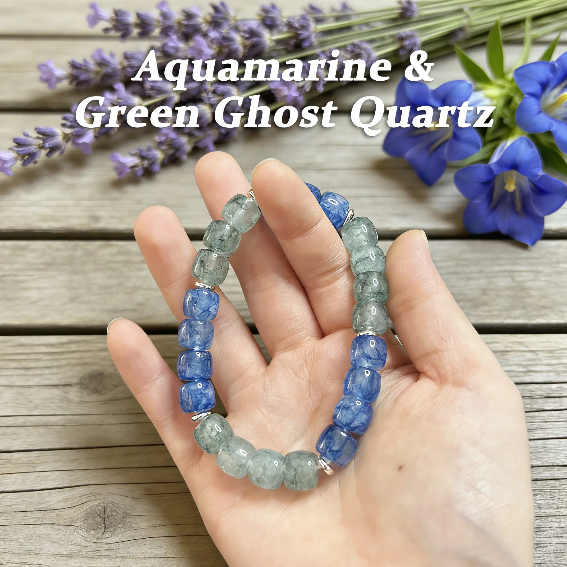 Natural Crystal Mood-Stabilizing Energy Bracelet, Featuring Aquamarine & Green Ghost Quartz for Anxiety Relief & Aura Purification Unisex Accessory, March Birthstone