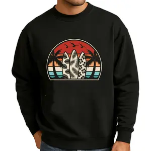 Men and Women’s Tropical Surfing Sweatshirt with Surfboard and Beach Theme