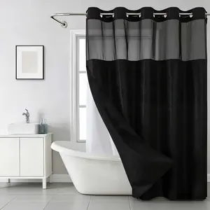 Black waffle pattern waterproof shower curtain, hook-free design with snap-in liner. Modern minimalist bathroom curtain, a bathroom accessory suitable for home, hotel or dorm decoration, also can be used as a gift.